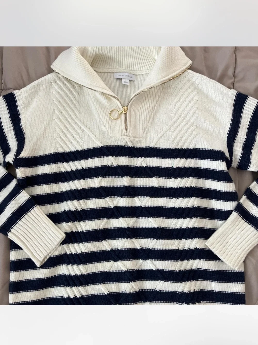 Charter club Striped Zip Sweater Pullover - White Cream & Navy